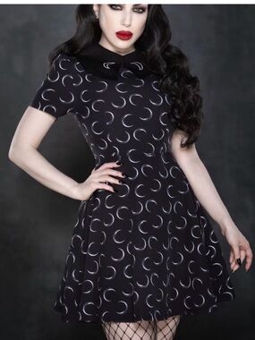 Fit & Flare Midi Dress with Crescent Print in Black